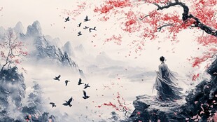 独倚崖畔赏飞鸟繁花