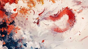 水墨红龙飞舞于绚烂之境