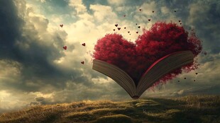 心型书本绽放在旷野云端