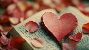 书页上的心形折纸与花瓣