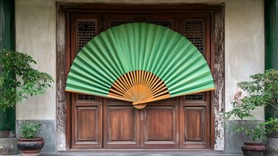 中式门前的大型折扇装饰