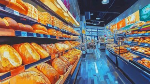 超市内琳琅满目的面包货架