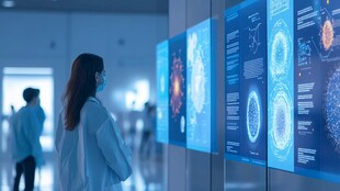 女性参观科技展示屏幕画面