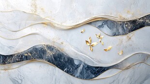 金蝶舞于大理石纹理间