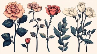 复古风手绘多彩玫瑰花束
