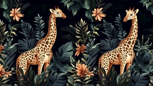 丛林中的双长颈鹿花卉图景