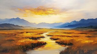 黄昏下的旷野溪流美景