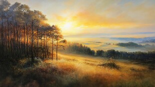 日出林间的静谧田园风光