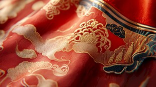 中式红锦缎上的精美云纹