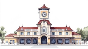 复古钟楼火车站建筑图