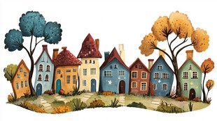 童话风彩色房屋与树木景观