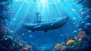 深海中的潜艇与缤纷珊瑚