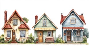 三座可爱的手绘风格小房子