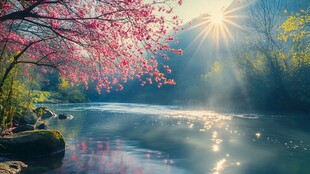 春日河畔繁花映景