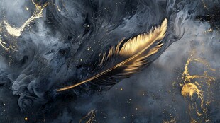 金色羽毛在梦幻背景中飞舞