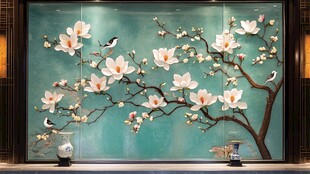 中式玉兰花鸟背景墙装饰