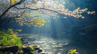 春日溪边晨光中的烂漫花树