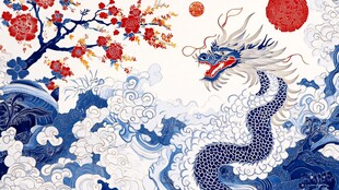 祥龙戏浪映红梅