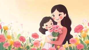 母亲与女儿在花海温馨相拥