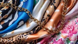 多彩丝巾配金色链条饰品