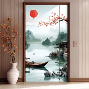 中式山水门贴装饰画意境美