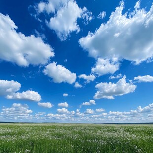 蓝天白云下的广袤绿野