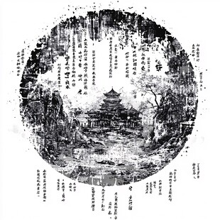 中式古风圆景山水建筑图