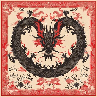 中式双龙图案精美方巾设计