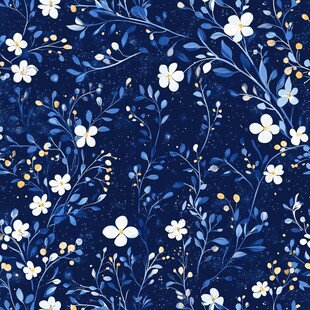 蓝底白花植物无缝图案