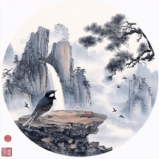 山巅飞鸟水墨山水图