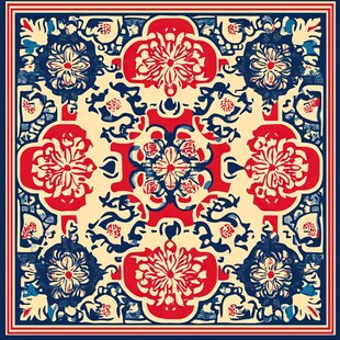 传统中式花卉图案方巾