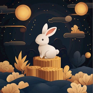 玉兔立于月饼上的梦幻夜景