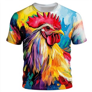 多彩公鸡图案时尚T恤