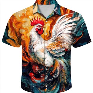 公鸡图案印花短袖衬衫