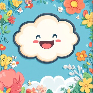 微笑云朵与缤纷花朵插画