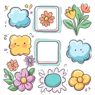 可爱花朵云朵边框插画素材