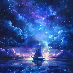 梦幻星空下的海上帆船