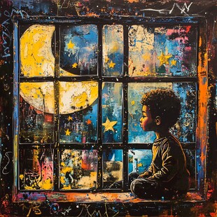 窗边孩童望向璀璨月夜