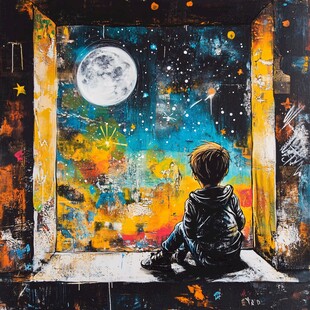 男孩凝望月夜星空的画作