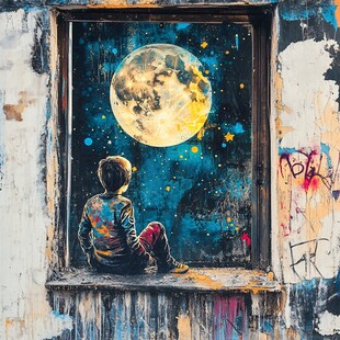 男孩窗边望明月星空