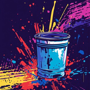 多彩泼墨下的蓝色油漆桶