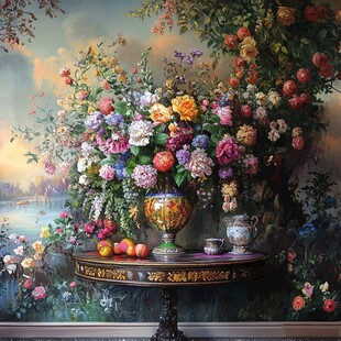 繁花盛景于复古桌前绽放