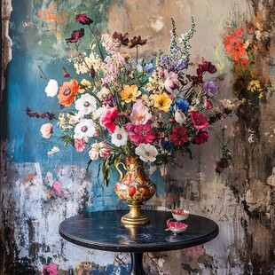 复古花瓶中的多彩鲜花