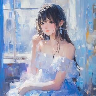 窗边蓝裙少女的静谧时光