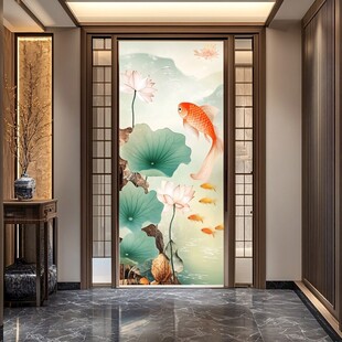 中式玄关荷花锦鲤装饰画