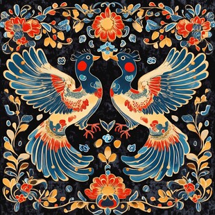 双凤花卉传统图案纹饰