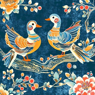 双鸭栖枝绘繁花锦绣图