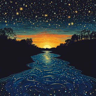 星夜下的河畔落日美景