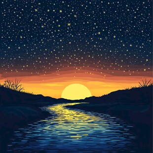 星夜河畔的落日美景