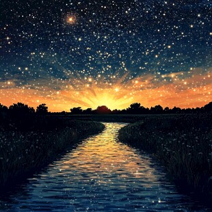 梦幻星空下的静谧小河